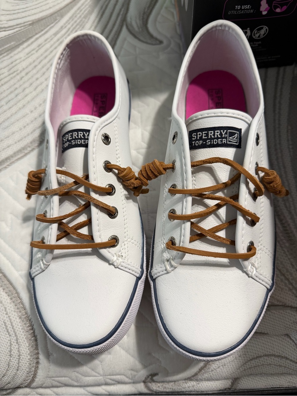 Sperry White Leather Kids Sneakers with Brown Laces